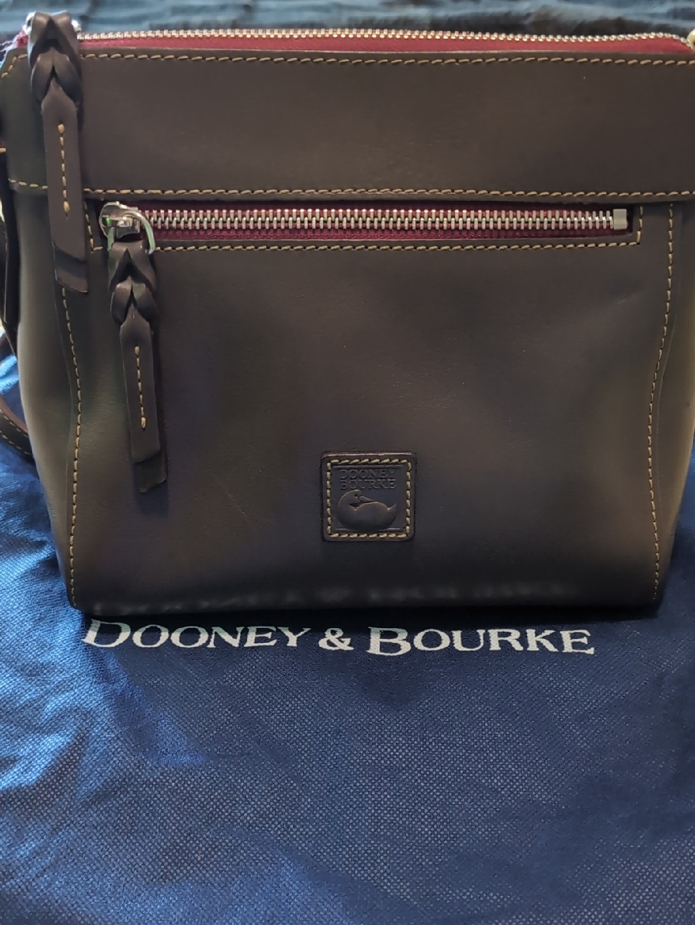 Dooney & Bourke Dark Brown Leather Messenger Bag with Brass Accents